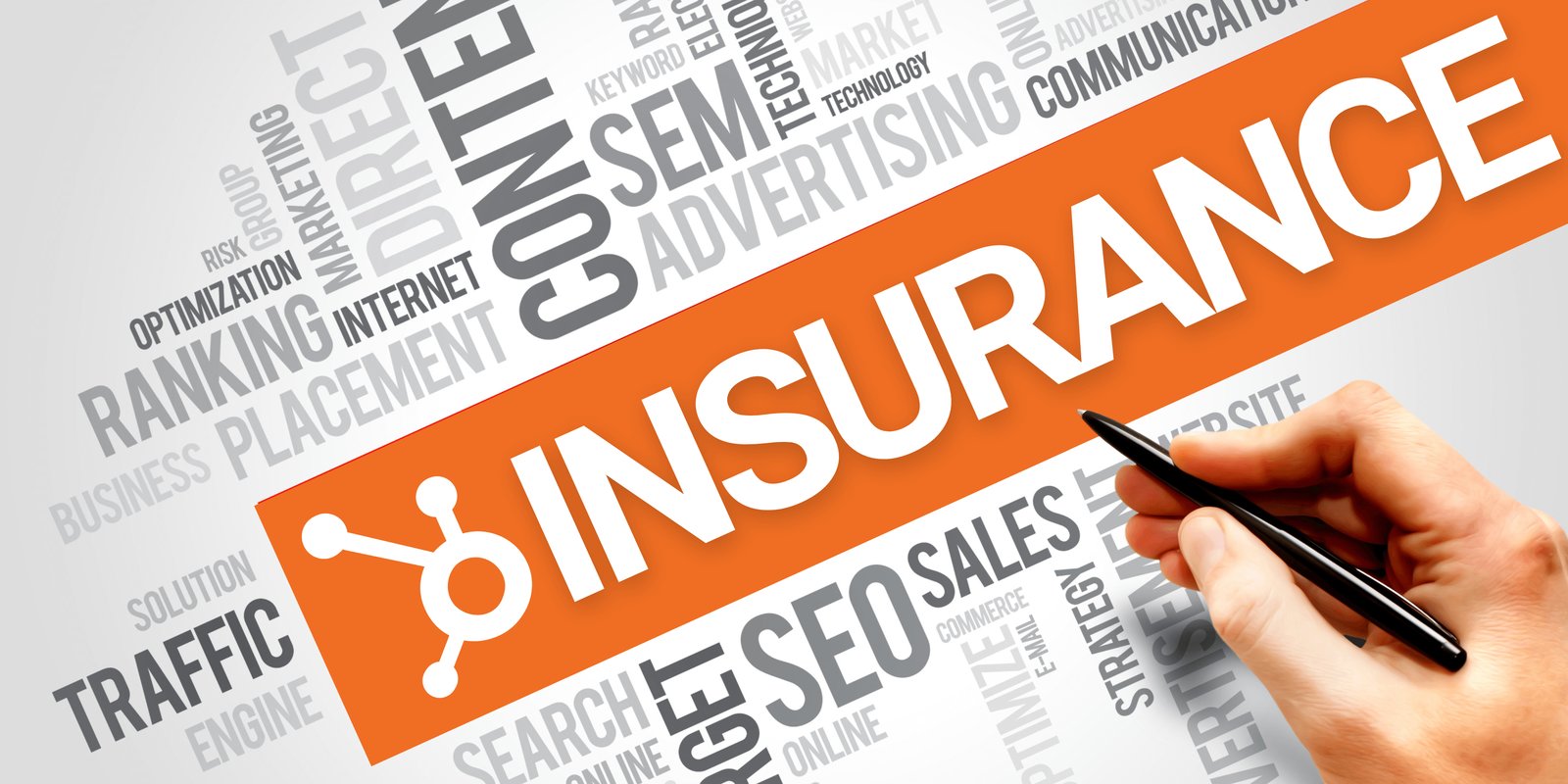 HubSpot insurance platform — word cloud showing HubSpot, Insurance, SEO, Sales, SEM, and digital marketing terms representing the HubSpot ecosystem powering Insure AMS